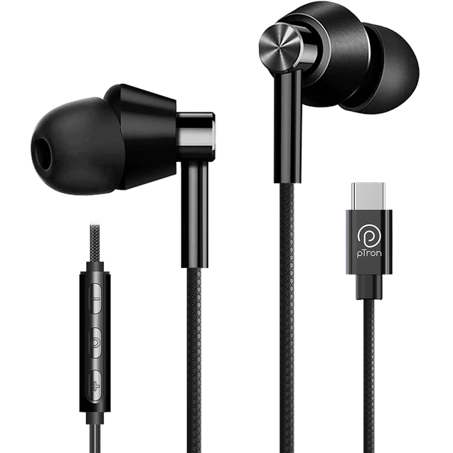 pTron Boom Play X1 In-Ear Type C Wired Headphones with Mic, 13mm Driver for Immersive Audio, 1.2m Fish Scale Style Tangle-free Cable, In-line Control, Metal Buds, Snug-fit & Wide Compatibility (Black)