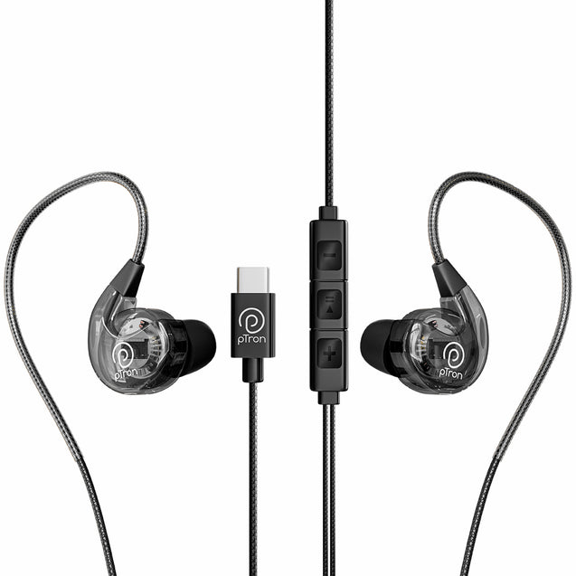 pTron Boom Play X2 In-Ear Type C Wired Headphones with Mic, Ear-Hook Design, 13mm Drivers for Immersive Audio, 1.2m Fish Scale Style Tangle-free Cable, In-line Controls & Wide Compatibility (Black)
