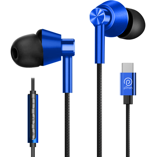 pTron Boom Play X1 In-Ear Type C Wired Headphones with Mic, 13mm Driver for Immersive Audio, 1.2m Fish Scale Style Tangle-free Cable, In-line Controls, Metal Buds, Snug-fit & Wide Compatibility (Blue)