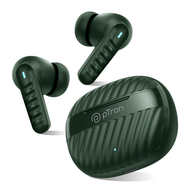 pTron Bassbuds Bliss TWS In-Ear Earbuds with 4 Quadpro Mics, 3D Audioscape, TruTalk ENC Calls, 40H Playtime, 50ms Low-Latency Game/Music Modes, BT5.3 Headphones,Type C Fast Charging & IPX5 (Forest Green)