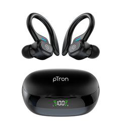 pTron Bassbuds Sports V4 Wireless in-Ear TWS Earbuds with Mic, TruTalk AI-ENC Stereo Calls, Game/Music Modes, 36Hrs Playtime, BT5.3, Type-C Fast Charging & IPX5 Water Resistant (Black)
