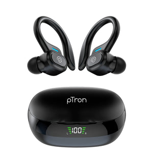pTron Bassbuds Sports V4 Wireless in-Ear TWS Earbuds with Mic, TruTalk AI-ENC Stereo Calls, Game/Music Modes, 36Hrs Playtime, BT5.3, Type-C Fast Charging & IPX5 Water Resistant (Black)