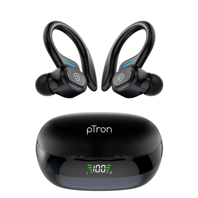 pTron Bassbuds Sports V4 Wireless in-Ear TWS Earbuds with Mic, TruTalk AI-ENC Stereo Calls, Game/Music Modes, 36Hrs Playtime, BT5.3, Type-C Fast Charging & IPX5 Water Resistant (Black)