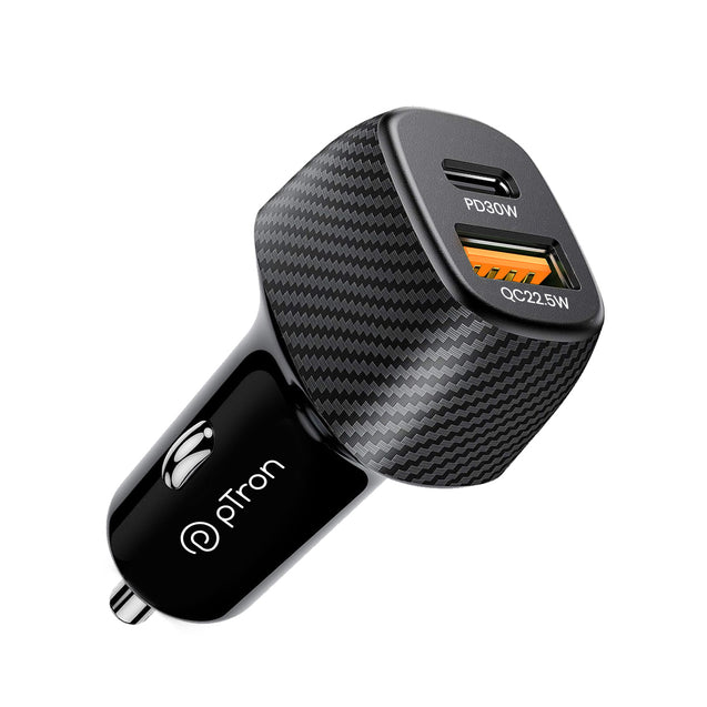 pTron Bullet Zip Mini 52.5W Car Charger with Dual Output, Super VOOC/VOOC Compatible, Fast Charging 30W Type-C/PD & 22.5W USB QC 3.0A & Multiple Protection Layers (Black)