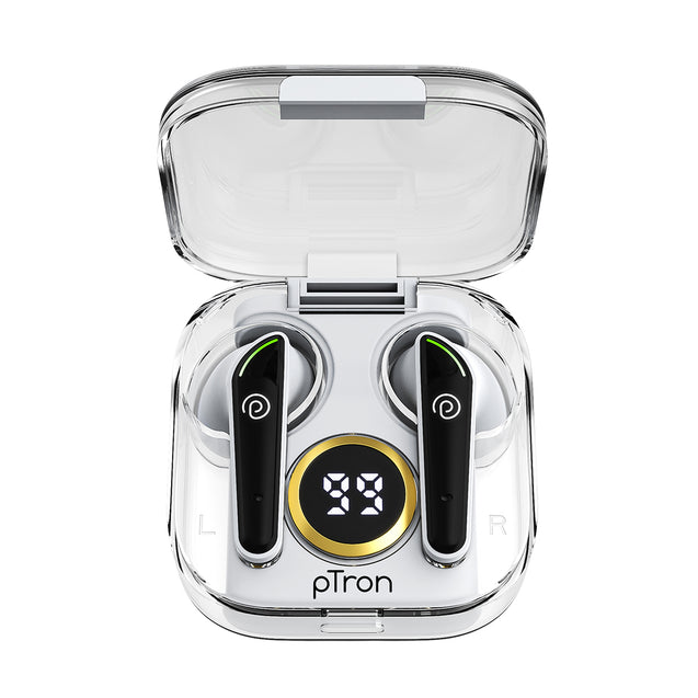 pTron Bassbuds Nyx in-Ear TWS Earbuds, Immersive Audio, Bluetooth 5.1 Wireless Headphones, HD Mic, 50ms Movie Mode, Digital Case, Type-C Fast Charging & IPX4 Water Resistant (Pearl White & Black)
