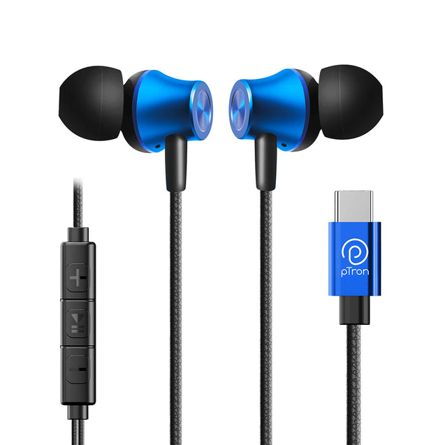 pTron Boom Play In-Ear Type C Wired Headphones with Mic, 10mm Drivers for Immersive Audio, 1.2m Fish Scale Style Tangle-free Cable, In-line Controls, Metal Buds, Snug-fit & Wide Compatibility (Blue)