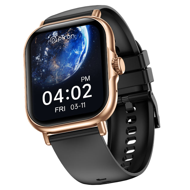 pTron Reflect Callz 2.01" Smartwatch with Bluetooth Calling, Full Touch Square Display, 600 NITS, Functional Crown, 100+ Watch Faces, HR, SpO2, 5 Days Battery Life & IP68 (Gold & Black)