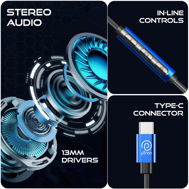 pTron Boom Play X1 In-Ear Type C Wired Headphones with Mic, 13mm Driver for Immersive Audio, 1.2m Fish Scale Style Tangle-free Cable, In-line Controls, Metal Buds, Snug-fit & Wide Compatibility (Blue)