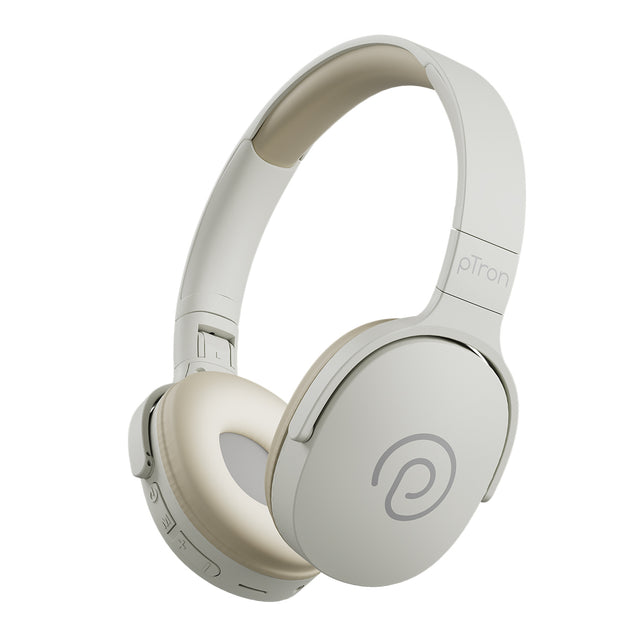 pTron Studio w/ 60Hrs Playtime, Wireless Over-Ear Headphones with HD Mic, Immersive Sound, 40mm Drivers, Bluetooth V5.4, Dual-Device Pairing, 3.5mm Aux Port, TF Card Slot & Type-C Fast Charging (Beige)