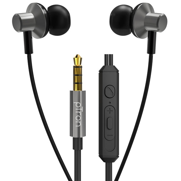 pTron Pride Lite in-Ear Wired in Ear Earphones with in-line Mic, 10mm Driver, Immersive Sound, Metal Buds, Compatible with 3.5mm Aux Port Device & 1.2m Tangle-Free Cable (Gray)