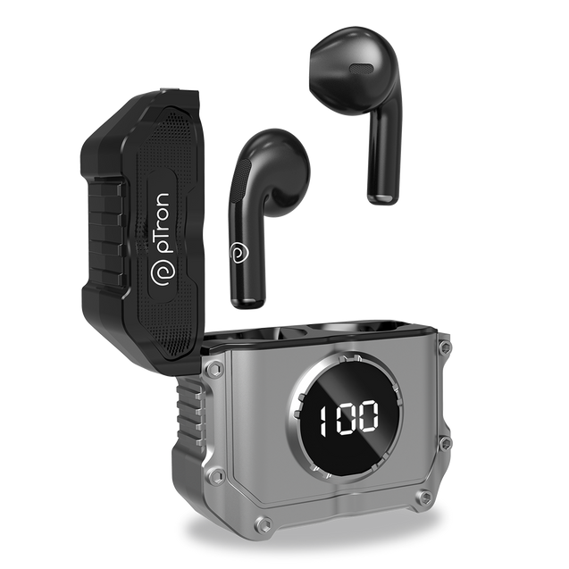 pTron Bassbuds Revv In-Ear TWS Earbuds with Mic, AI-ENC Calling, 50ms Low Latency, 13mm Driver, Punchy Bass, 28Hrs Playtime, BT5.3 Headphones, Touch Control, Type-C Fast Charging & IPX4 (Jet Black)