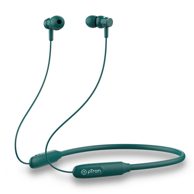 pTron Tangent Flex Bluetooth 5.3 Wireless In Ear Headphone with Mic, 38H Playtime, 13mm Driver, Dual Device Pairing Wireless Neckband, Type-C Charge, Magnetic Buds & IPX5 Water Resistant (Forest Green)