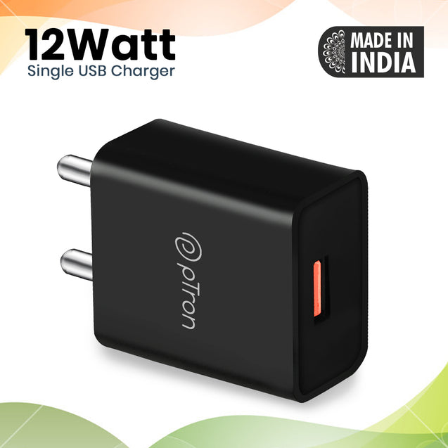 pTron Volta 12W Single Port USB Fast Charger, BIS Certified, Made in India Wall Charger Adapter, Universal Compatibility (Cable Not Included, Black)