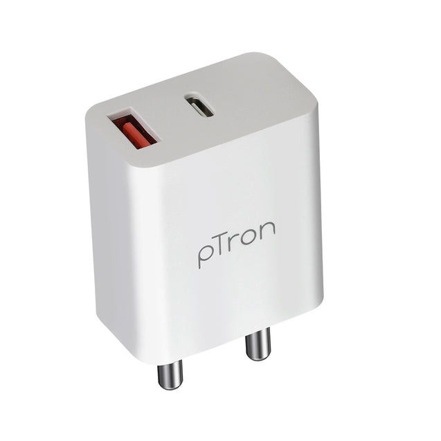 pTron Volta FC15 20W Dual Port USB & Type-C (PD) Fast Charger, BIS Certified Wall Adapter for iPhone 12/12 Pro/12 Mini/12 Pro Max/11/XS/XR/X/8/Plus, iPad Pro, Galaxy 10/9/8 (Cable Not Included, White)