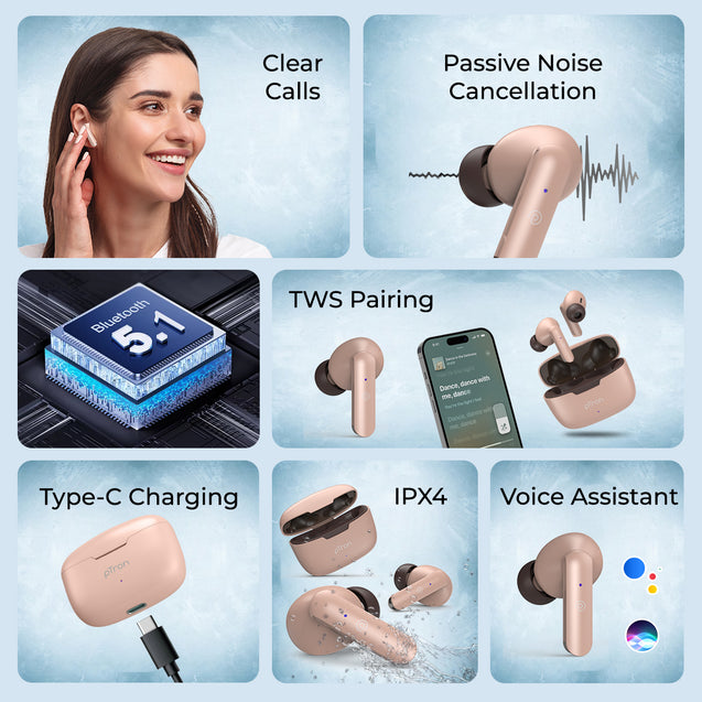 pTron Basspods P81 in-Ear Wireless Earbuds, Pristine Sound, 32Hrs Playtime, Clear Calls TWS Earbuds, Bluetooth V5.1 Headphone, Type-C Fast Charging, Voice Assist & IPX4 Water Resistant (Brown)
