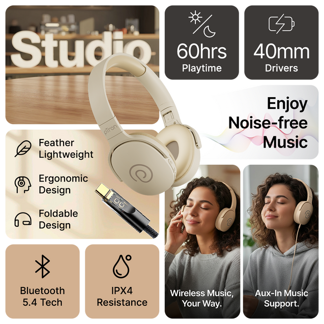 pTron Studio w/ 60Hrs Playtime, Wireless Over-Ear Headphones with HD Mic, Immersive Sound, 40mm Drivers, Bluetooth V5.4, Dual-Device Pairing, 3.5mm Aux Port, TF Card Slot & Type-C Fast Charging (Beige)