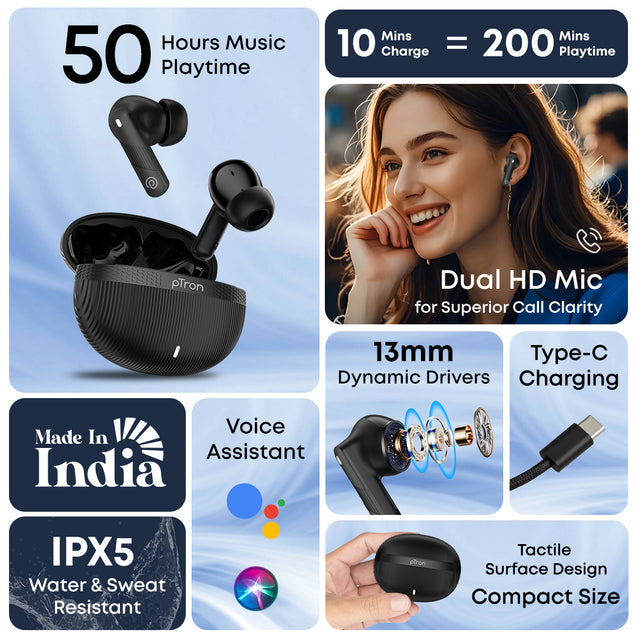 pTron Bassbuds Fury in-Ear TWS Earbuds with 13mm Drivers, 50Hrs Playtime, AI-ENC Clear Calls, Bluetooth V5.4 Wireless Headphones, Voice Assistant, Type C Charging &amp; IPX5 Water Resistant (Black)