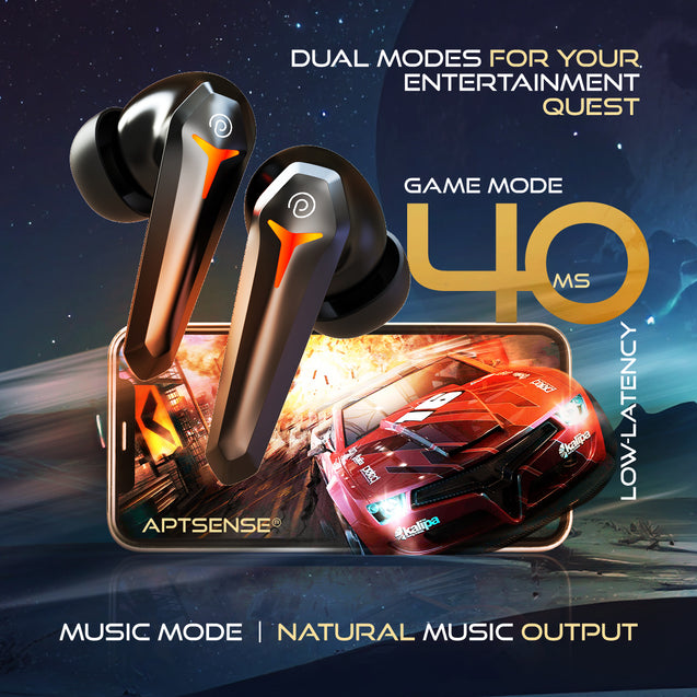 pTron Bassbuds Turbo TWS In-Ear Earbuds with 40ms Hyper Gaming Low Latency, 3D AudioScape, TruTalk AI-ENC Calls, Thunder Bass, 45Hrs Playtime, Ultra HD Mic, BT 5.3, Type-C Fast Charging & IPX5 (Black)