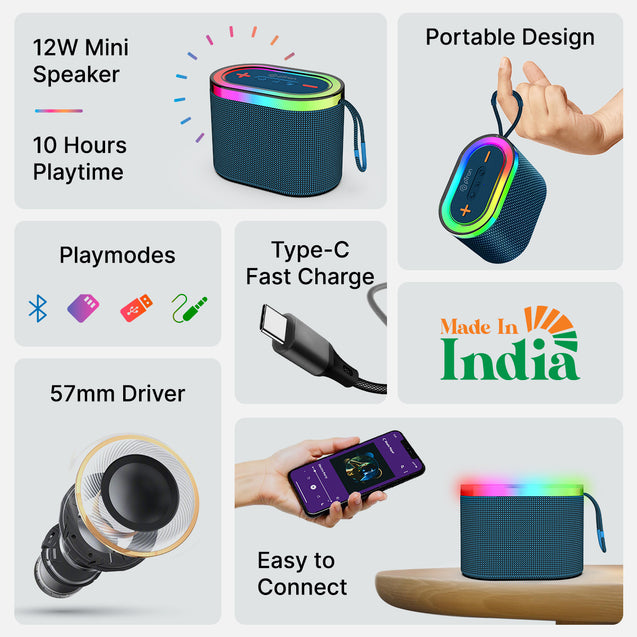 pTron Fusion Pop 12W Bluetooth Speaker with Pristine Sound, 10hrs Playback, Rhythmic RGB LEDs, Multi-Play Modes BT5.3/TF Card/USB/Aux-in, TWS Feature, Integrated Button Controls, Type-C Charging (Blue)