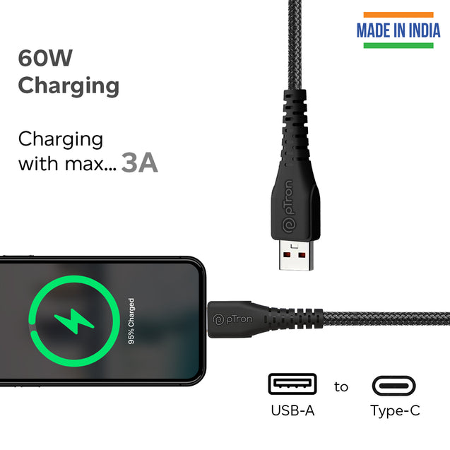 pTron Solero Braid 60W Fast Charging Type C 1.5m USB Cable for VOOC/Super VOOC/Dash/Warp/QC3.0/QC2.0 Smartphones & Other Type-C Devices, Unbreakable Nylon Braid & 480Mbps Data Sync Speed (Black)