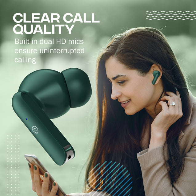 pTron Bassbuds Air In-Ear TWS Earbuds with 13mm Driver for Immersive Sound, 32Hrs Playtime, Clear Calls, Bluetooth V5.1, Touch Control, TypeC Fast Charging, Voice Assist & IPX4 Water Resistant (Green)