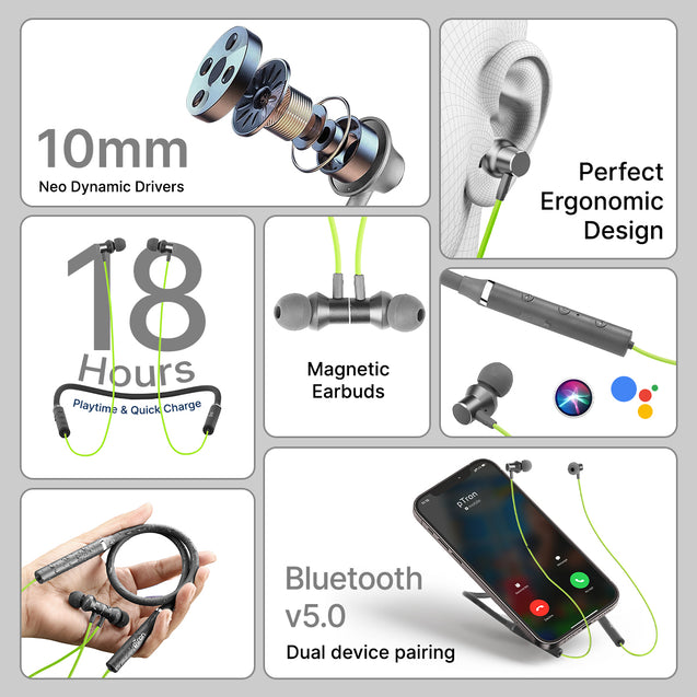 pTron Tangentbeat in Ear Bluetooth 5.0 Wireless Headphones with HD Mic, Deep Bass, Clear Calls, Dual Device Pairing Wireless Neckband, Fast Charging, Voice Assistant & IPX4 Water Resistant (Green/Grey)