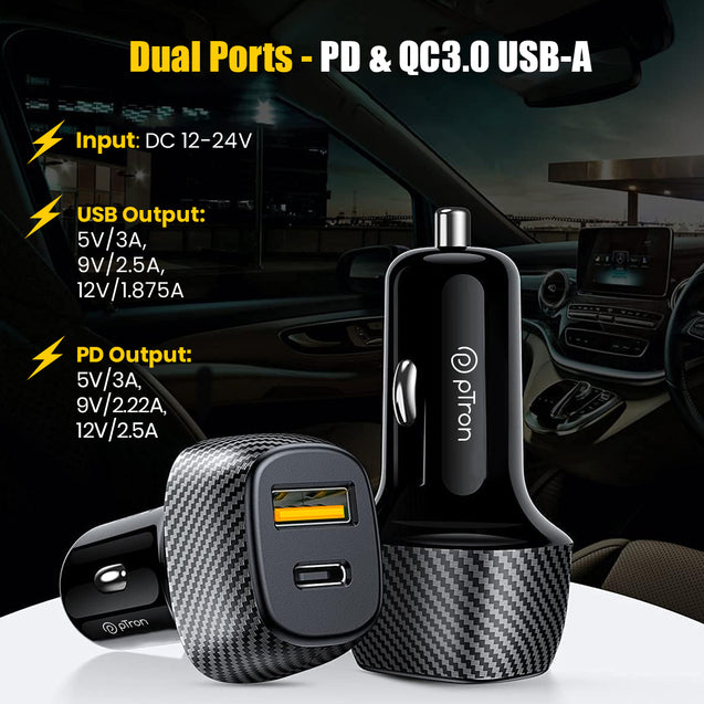 pTron Bullet Zip Mini 52.5W Car Charger with Dual Output, Super VOOC/VOOC Compatible, Fast Charging 30W Type-C/PD & 22.5W USB QC 3.0A & Multiple Protection Layers (Black)