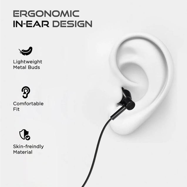 pTron Boom Play X1 In-Ear Type C Wired Headphones with Mic, 13mm Driver for Immersive Audio, 1.2m Fish Scale Style Tangle-free Cable, In-line Control, Metal Buds, Snug-fit & Wide Compatibility (Black)