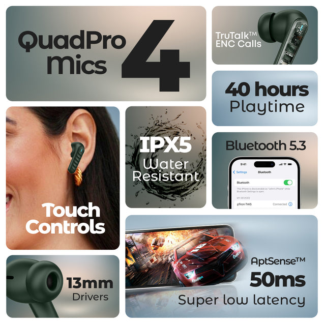 pTron Bassbuds Bliss TWS In-Ear Earbuds with 4 Quadpro Mics, 3D Audioscape, TruTalk ENC Calls, 40H Playtime, 50ms Low-Latency Game/Music Modes, BT5.3 Headphones,Type C Fast Charging & IPX5 (Forest Green)