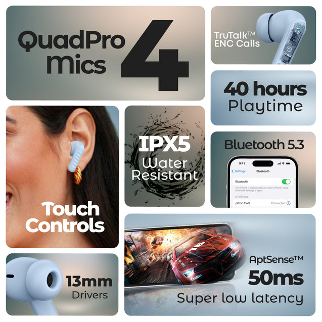 pTron Bassbuds Bliss Quad Mic In-Ear TWS Earbuds with TruTalk ENC Calls, 40H Playtime, 50ms Game/Music Modes, BT5.3 Headphones, Type C Fast Charging & IPX5 Water Resistant (Light Blue)