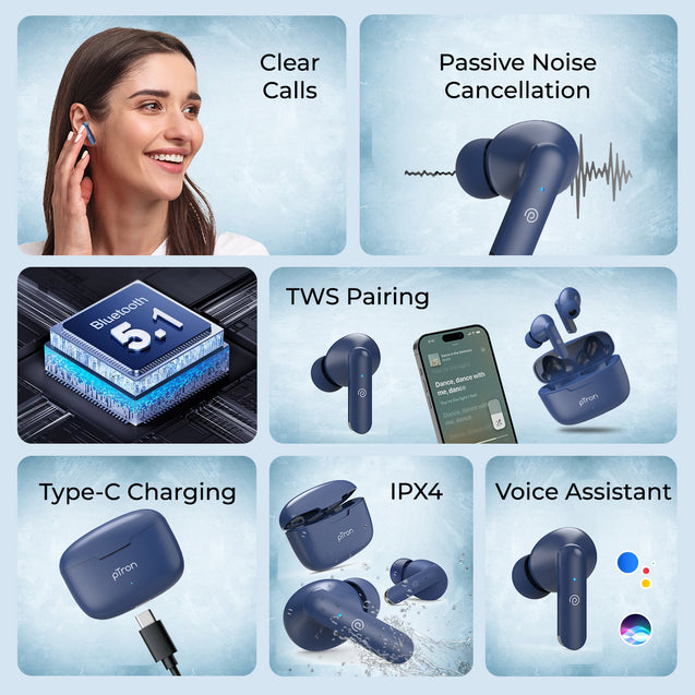 pTron Bassbuds Joy in-Ear Wireless Earbuds, Immersive Sound, 32Hrs Playtime, Clear Calls TWS Earbuds, Bluetooth V5.1 Headphone, Type-C Fast Charging, Voice Assist & IPX4 Water Resistant (Blue)