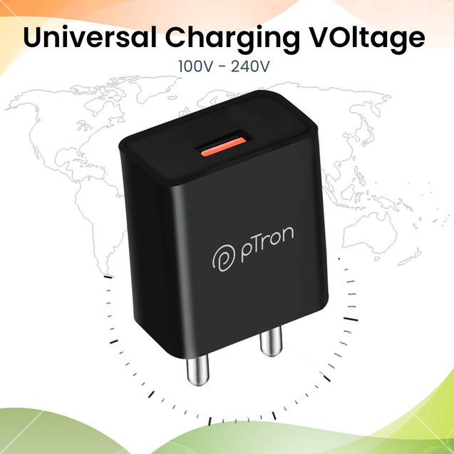 pTron Volta 12W Single Port USB Fast Charger, BIS Certified, Made in India Wall Charger Adapter, Universal Compatibility (Cable Not Included, Black)