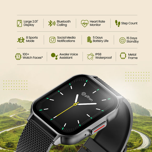 pTron Reflect Classic 2.01 inch Square Dial Smartwatch, Bluetooth Calling, Full Touch Display, 600 NITS, Metal Frame, 100+ Watch Faces, HR, SpO2, Voice Assist, 5 Days Battery Life (Black)