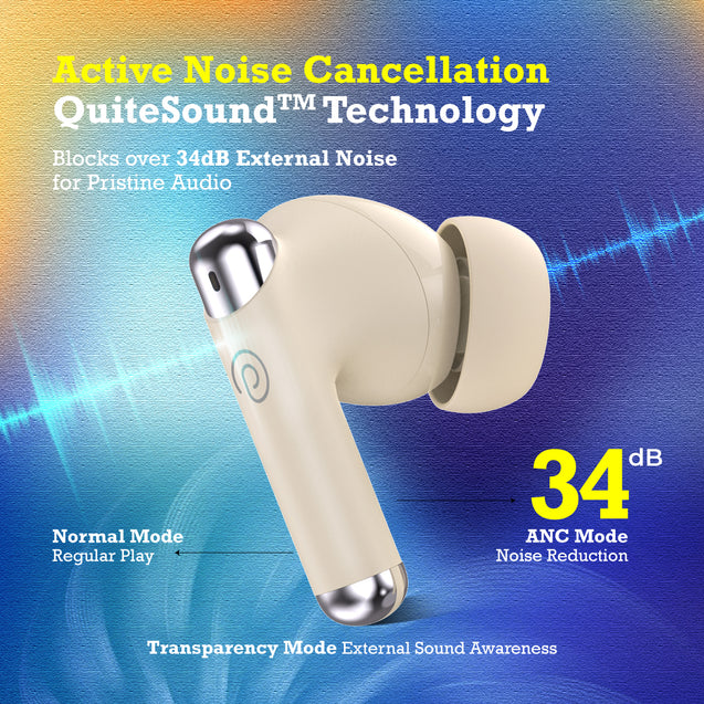 pTron Zenbuds Evo X5 34dB ANC TWS Earbuds, Transparency Mode, 4 Mic ENC Calls, 45H Playtime, 40ms Low-Latency, in-Ear Bluetooth 5.3 Wireless Headphones & Type-C Charging (Pearl White)