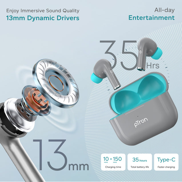pTron Bassbuds Neo TWS Earbuds, HD Mic & TruTalk AI-ENC Calls, Immersive Sound, Game/Music Modes, 35H Playtime, in-Ear Bluetooth 5.3 Headphones, Type-C Fast Charging & IPX5 Water Resistant (Smoke Grey)