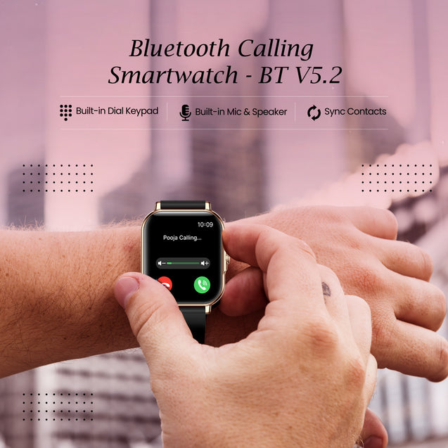 pTron Reflect Callz 2.01" Smartwatch with Bluetooth Calling, Full Touch Square Display, 600 NITS, Functional Crown, 100+ Watch Faces, HR, SpO2, 5 Days Battery Life & IP68 (Gold & Black)