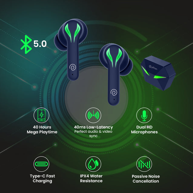 pTron Bassbuds Jade Truly Wireless Earbuds, 40ms Gaming Low Latency TWS, Stereo Calls, 40Hrs Playtime, Punchy Bass, in-Ear Bluetooth Headphones, Fast Type-C Charging & IPX4 Waterproof (Blue)