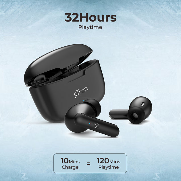 pTron Bassbuds Joy in-Ear Wireless Earbuds, Immersive Sound, 32Hrs Playtime, Clear Calls TWS Earbuds, Bluetooth V5.1 Headphone, Type-C Fast Charging, Voice Assist & IPX4 Water Resistant (Black)