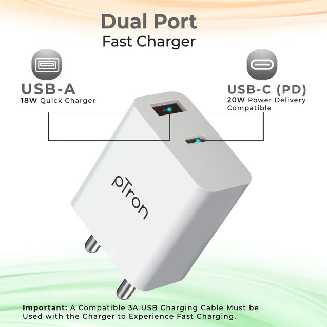 pTron Volta FC15 20W Dual Port USB & Type-C (PD) Fast Charger, BIS Certified Wall Adapter for iPhone 12/12 Pro/12 Mini/12 Pro Max/11/XS/XR/X/8/Plus, iPad Pro, Galaxy 10/9/8 (Cable Not Included, White)