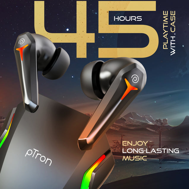 pTron Bassbuds Turbo TWS In-Ear Earbuds with 40ms Hyper Gaming Low Latency, 3D AudioScape, TruTalk AI-ENC Calls, Thunder Bass, 45Hrs Playtime, Ultra HD Mic, BT 5.3, Type-C Fast Charging & IPX5 (Black)