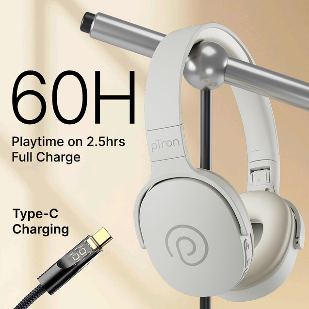pTron Studio w/ 60Hrs Playtime, Wireless Over-Ear Headphones with HD Mic, Immersive Sound, 40mm Drivers, Bluetooth V5.4, Dual-Device Pairing, 3.5mm Aux Port, TF Card Slot & Type-C Fast Charging (Beige)