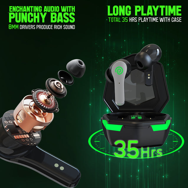 pTron Bassbuds Rush In-Ear TWS Earbuds with Mic, Gaming 40ms Low Latency, TruTalk AI-ENC Calls, 35H Playtime, Bluetooth 5.3 Headphones, Voice Assist, Type-Fast Charge & IPX4 Water Resistant (Bold Black)