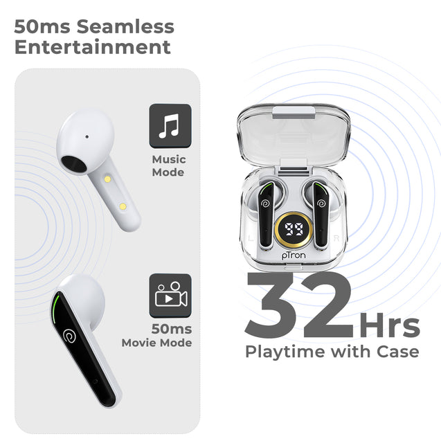 pTron Bassbuds Nyx in-Ear TWS Earbuds, Immersive Audio, Bluetooth 5.1 Wireless Headphones, HD Mic, 50ms Movie Mode, Digital Case, Type-C Fast Charging & IPX4 Water Resistant (Pearl White & Black)