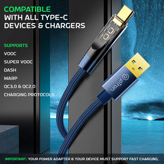 pTron Pace 65W USB to Type-C Cable 1M (Blue)