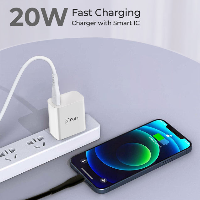 pTron Volta FC12 20W QC3.0 Smart USB Charger with 1m iOS USB Cable, Made in India, Auto-detect Technology, Multi-Layer Protection Travel Adapter, Fast Charging Power Adaptor for iOS Devices (White)