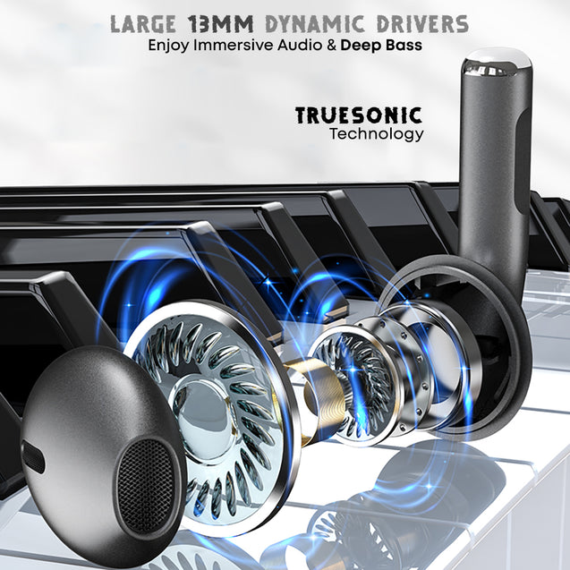 pTron Bassbuds Revv In-Ear TWS Earbuds with Mic, AI-ENC Calling, 50ms Low Latency, 13mm Driver, Punchy Bass, 28Hrs Playtime, BT5.3 Headphones, Touch Control, Type-C Fast Charging & IPX4 (Jet Black)