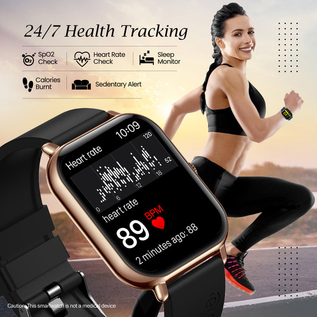 pTron Reflect Callz 2.01" Smartwatch with Bluetooth Calling, Full Touch Square Display, 600 NITS, Functional Crown, 100+ Watch Faces, HR, SpO2, 5 Days Battery Life & IP68 (Gold & Black)