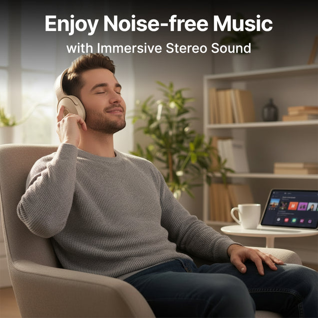 pTron Studio w/ 60Hrs Playtime, Wireless Over-Ear Headphones with HD Mic, Immersive Sound, 40mm Drivers, Bluetooth V5.4, Dual-Device Pairing, 3.5mm Aux Port, TF Card Slot & Type-C Fast Charging (Beige)