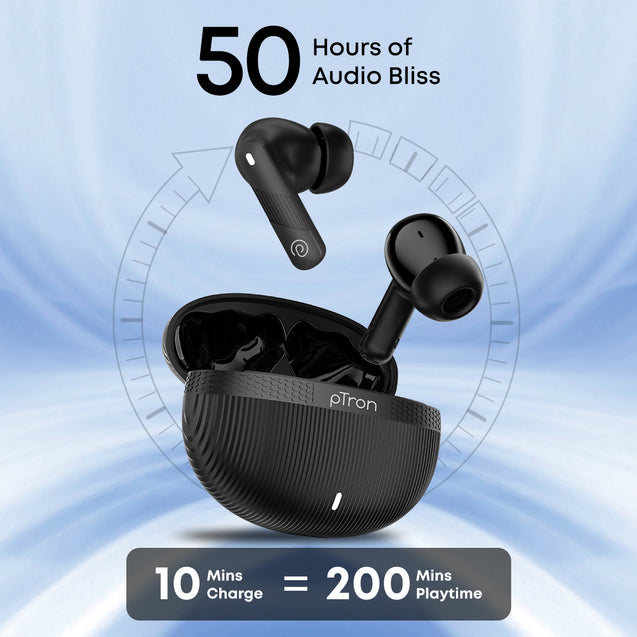 pTron Bassbuds Fury in-Ear TWS Earbuds with 13mm Drivers, 50Hrs Playtime, AI-ENC Clear Calls, Bluetooth V5.4 Wireless Headphones, Voice Assistant, Type C Charging &amp; IPX5 Water Resistant (Black)