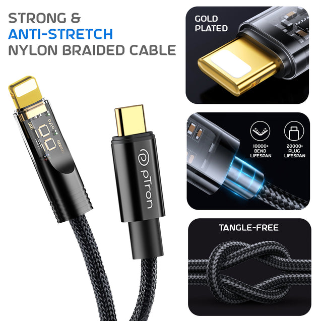 pTron Pace 30W Type-C to iOS Cable 1M (Black)